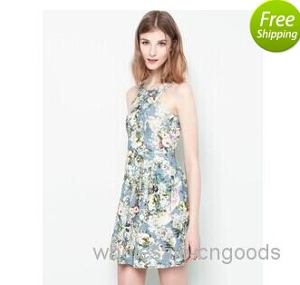 Wholesale - 9060- Europe wind 2014 new summer dress Vintage high-end Flower Printed sexy Pleated Dre