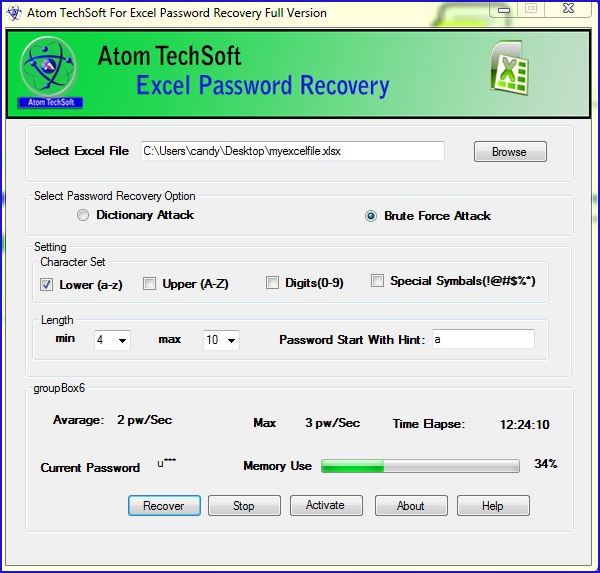 Recover Excel Password by Atom TechSoft Excel password recovery Tool 